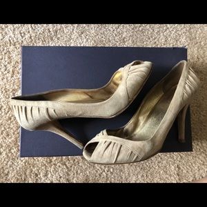 Prada Camel Tan Suede Peep Toe Pump 38 / 8